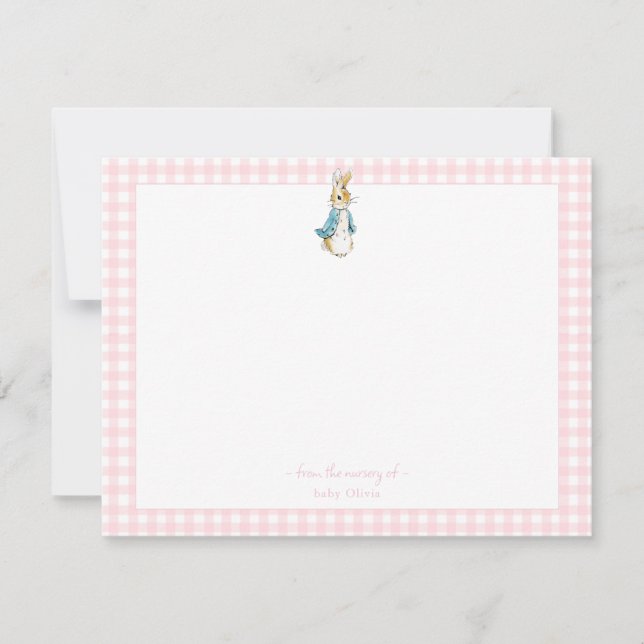 Peter Rabbit mit rosa Gingham Border Baby Girl Dankeskarte (Vorderseite)