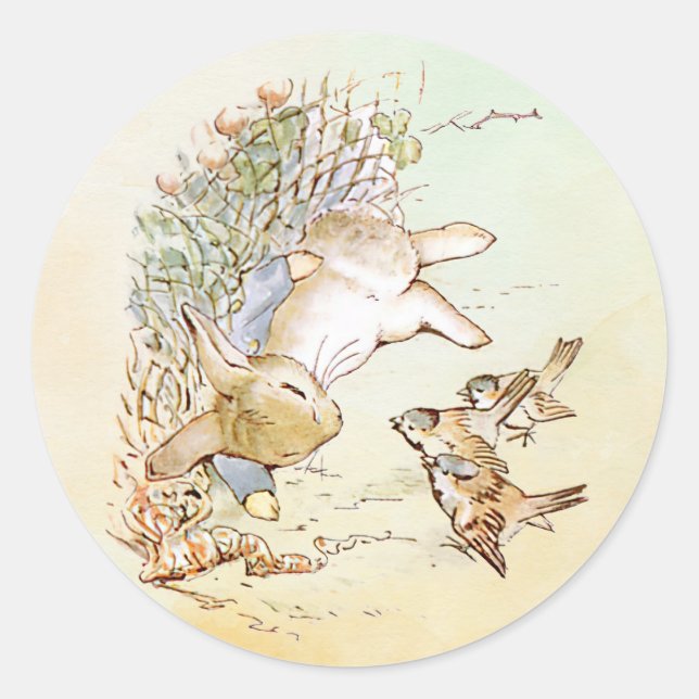 Peter Rabbit mit Vögeln Runder Aufkleber (Vorderseite)