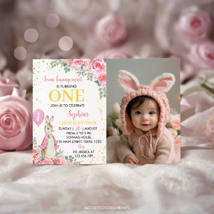 Peter Rabbit Pink Birthday Foto Einladung