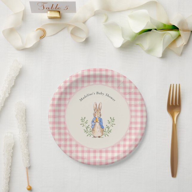 Peter Rabbit Pink Ivory Gingham Baby Shower Pappteller (Hochzeit)