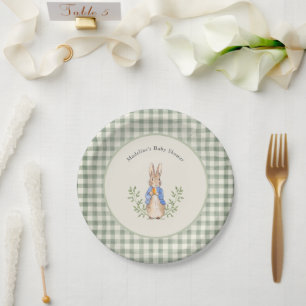 Peter Rabbit Sage Green Gingham Baby Shower Pappteller