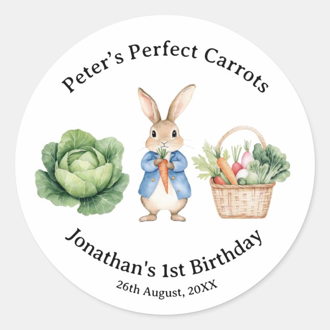 Peter Rabbit Veggie Basket Baby Shower Gefallen Runder Aufkleber (Vorderseite)