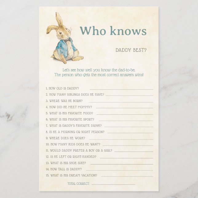 Peter The Rabbit Baby Shower kennt Daddy Game (Vorderseite)