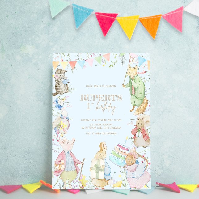 Peter the Rabbit First Blue Birthday Einladung (Von Creator hochgeladen)