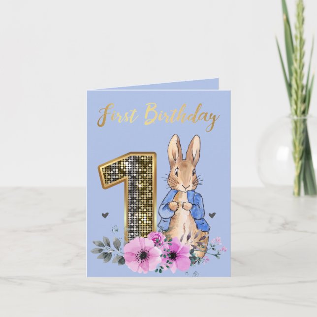Peter the Rabbit Gold 1. Geburtstag Einladung (Vorderseite)