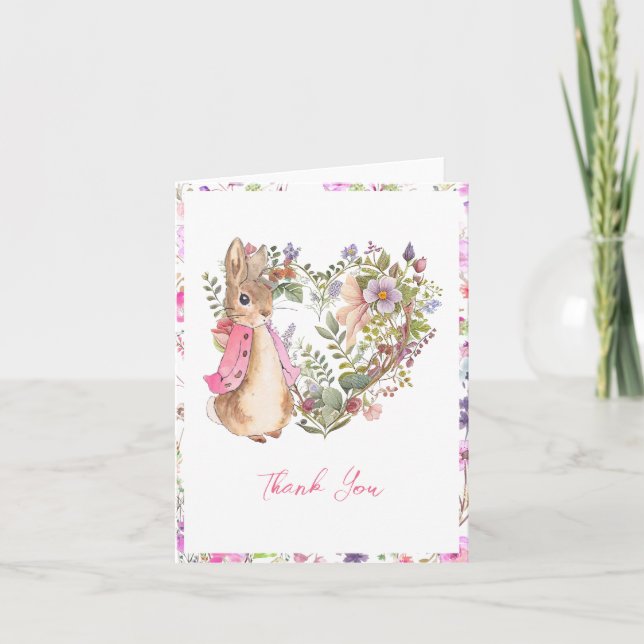 Peter the Rabbit Pink Floral Girl Baby Shower Dankeskarte (Vorderseite)