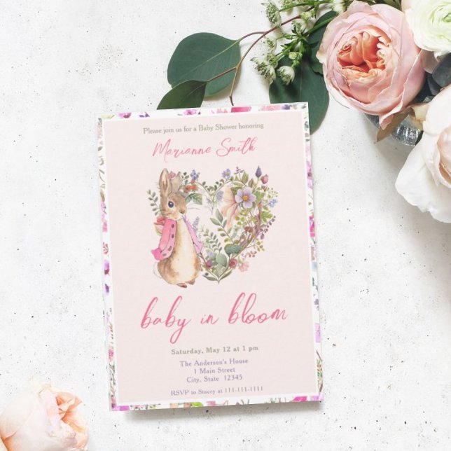 Peter the Rabbit Pink Floral Girl Baby Shower Einladung (Von Creator hochgeladen)
