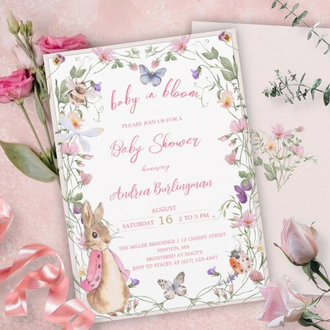 Peter the Rabbit Pink Floral Girl Baby Shower Einladung (Von Creator hochgeladen)