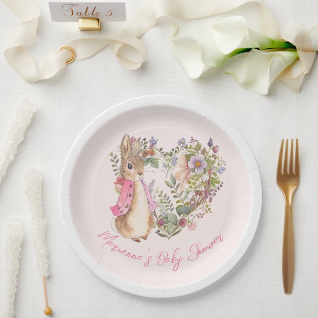 Peter the Rabbit Pink Floral Girl Baby Shower Pappteller (Hochzeit)
