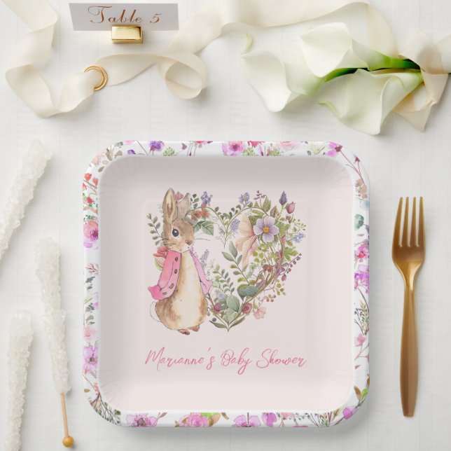 Peter the Rabbit Pink Floral Girl Baby Shower Pappteller (Hochzeit)