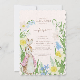 Peter the Rabbit Spring Blooms Pink Baby Dusche Einladung