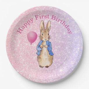 Peter the Rabbit zum ersten Geburtstag Pink Glitze Pappteller