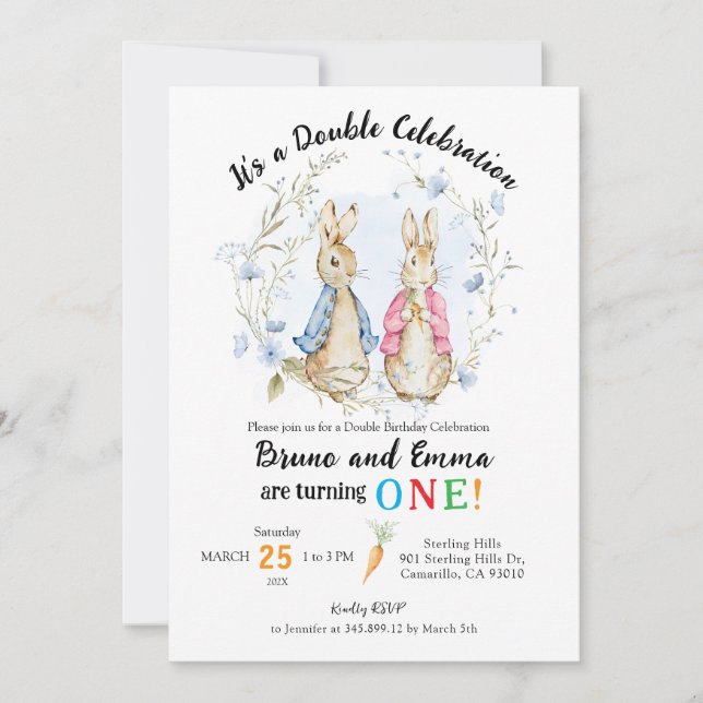 Peter und Flopsy Rabbit Siblings Geburtstag Einladung (Vorderseite)