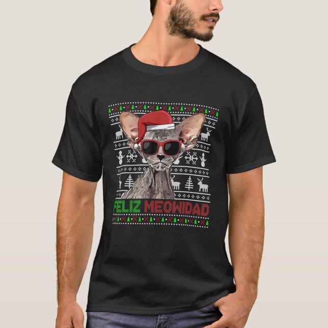 Peterbald Cat Feliz Meowidad Funny Christmas T-Shirt (Vorderseite)