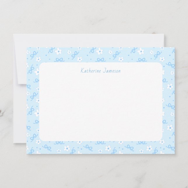 Petit Blue Whimsical Bows Daisy Monogram Notizkart Dankeskarte (Vorderseite)