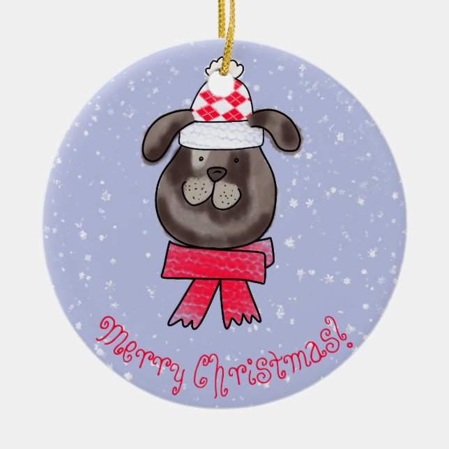Petit chien de Noël avec une écharpe tricotée Keramik Ornament (Vorne)