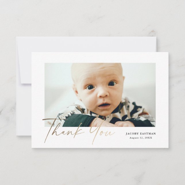Petite Elegant Gold Script Baby Foto Dankeskarte (Vorderseite)