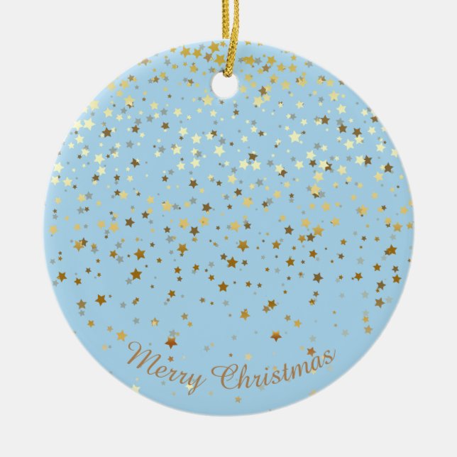 Petite Golden Stars Weihnachtsschmuck-Blau Keramikornament (Vorne)