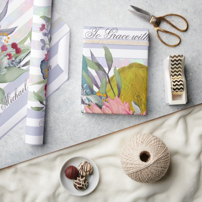 Petras Liebe Aquarell Floral gestreifter benutzerd Geschenkpapier (Kunsthandwerk)