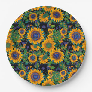 Petrikivka ukrainische Volkskunst. Sonnenblumen bl Pappteller