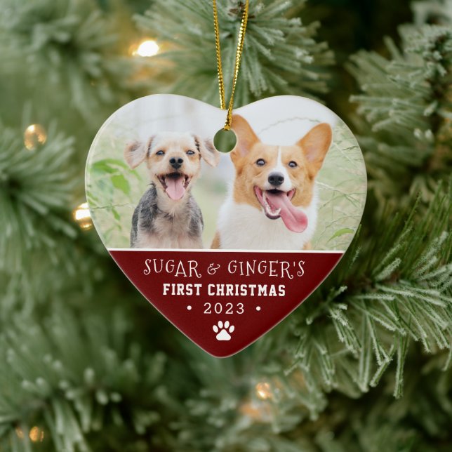 Pet's erste Weihnachtspaw Print Red Foto Keramik Ornament (Baum)