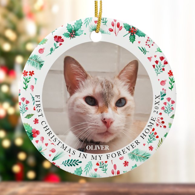 Pet's First Christmas 2 Foto Wasserfarben Streifen Keramik Ornament (First Christmas Forever Home Cat Pet + Watercolor Ceramic Ornament)