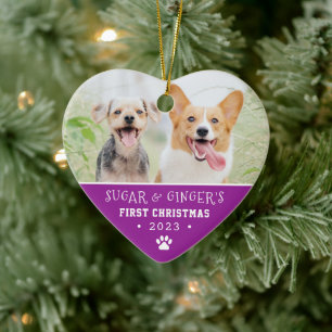 Pet's First Christmas Paw Print Lila Foto Keramik Ornament