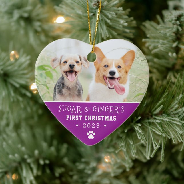 Pet's First Christmas Paw Print Lila Foto Keramik Ornament (Baum)