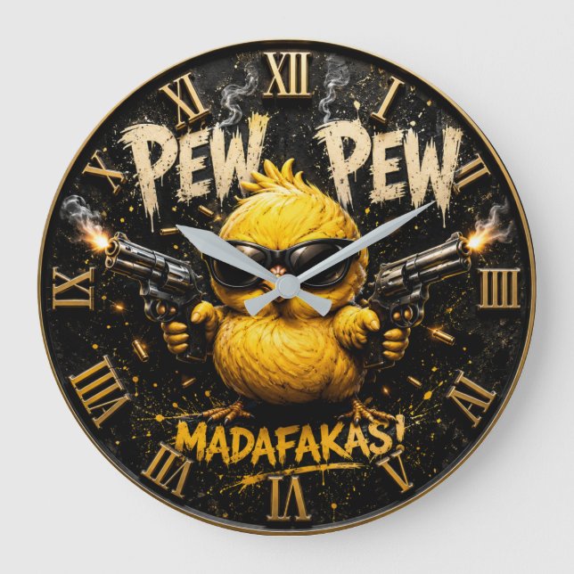 Pew Pew Funny Badass Chick Humor Große Wanduhr (Vorderseite)