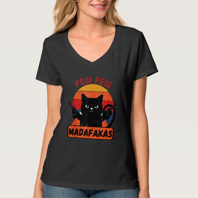 Pew Pew Madafakas Retro Cat T-Shirt (Vorderseite)