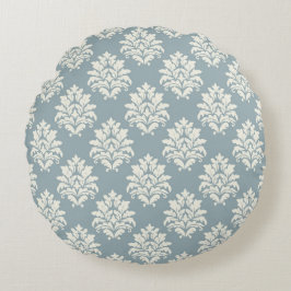 Pewter Blue und Alabaster Damask RoundThrow Kissen