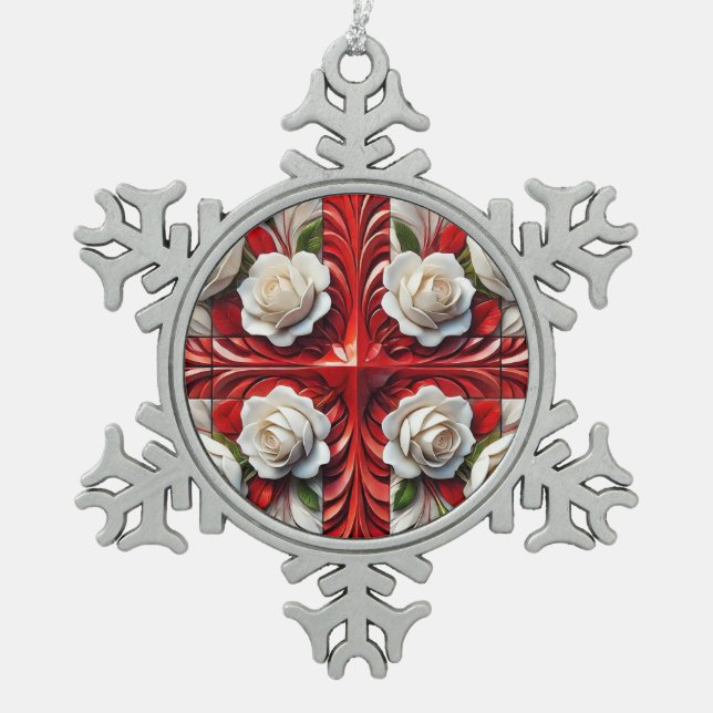 Pewter Snowflake Ornament mit englischen Rose (Vorderseite)