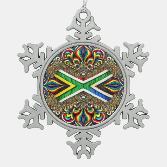 Pewter Snowflake Ornament mit Südafrika Farben (Vorderseite)