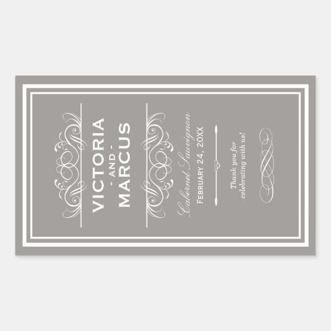 Pewter Wedding Wine Bottle Monogram Fevor Labels Rechteckiger Aufkleber (Vorderseite)