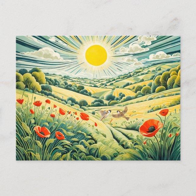 Pfad durch Mohnfeld mit fliegenden Sparrow Postkarte (Vorderseite)