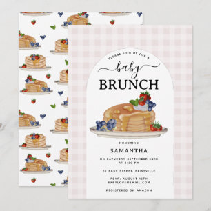 Pfannkuchen Beeren Brunch Rosa Kariert Baby Shower Einladung