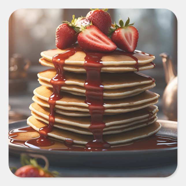 Pfannkuchen mit Erdbeeren Quadratischer Aufkleber (Vorderseite)