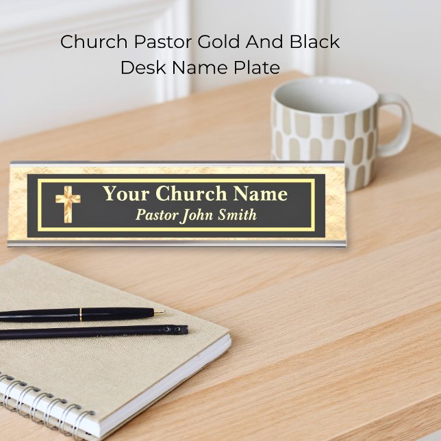 Pfarrkirche Gold und Schwarz Schreibtischnamensplakette (Church Pastor Gold And Black Desk Name Plate)