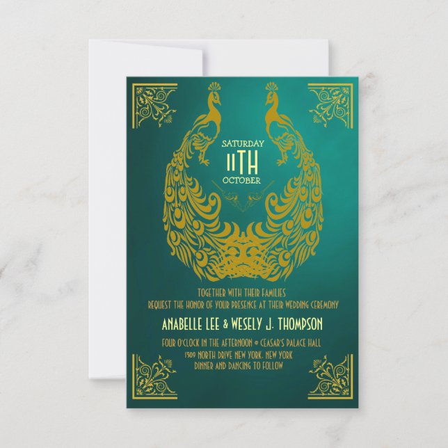 Pfau 1920er Art Déco Hochzeit Einladung (Vorderseite)