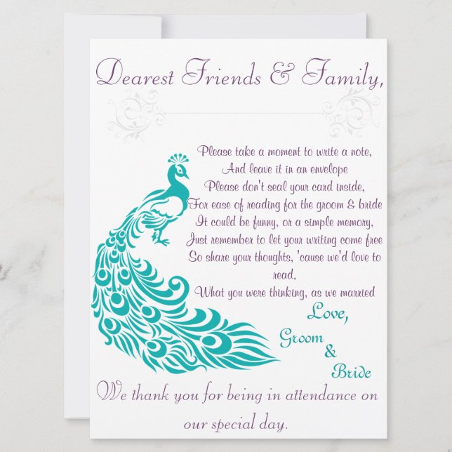 Pfau-Anmerkungs-Stations-Willkommens-Buchstabe Einladung (Vorderseite)