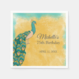 Pfau Aquamarin Gelb 75. Geburtstag Serviette
