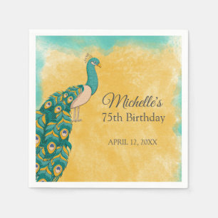 Pfau Aquamarin Gelb 75. Geburtstag Serviette