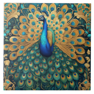 Pfau Art Nouveau Art Deco Türkis & Gold Fliese