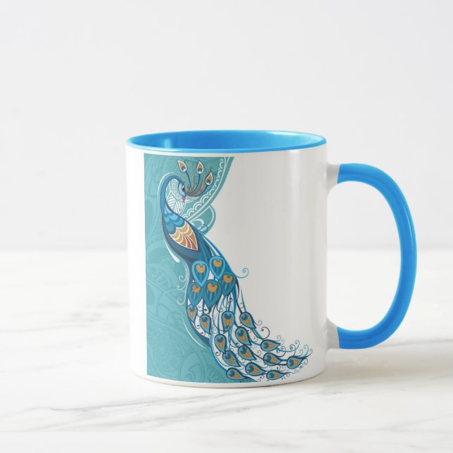 Pfau auf aquamariner Illustration Tasse (Rechts)