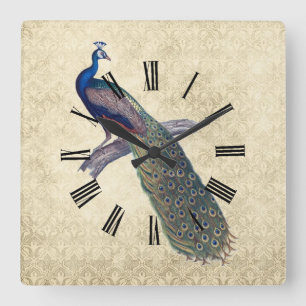 Pfau auf elegantem Elfenbein-Damast Quadratische Wanduhr