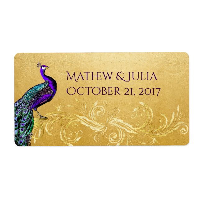 Pfau auf Gold Custom Wedding Mini Weine Labels (Vorne)
