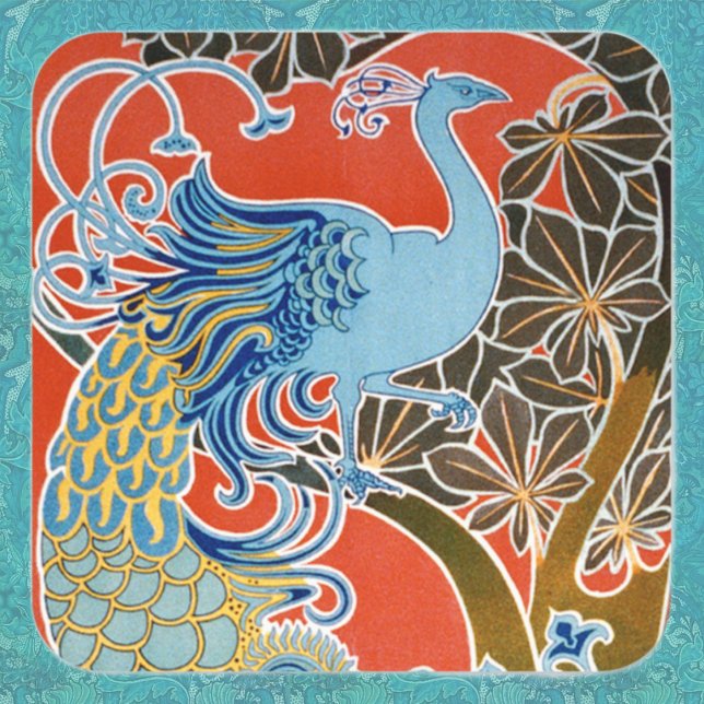 Pfau auf Rot Quadratischer Aufkleber (Von Creator hochgeladen)