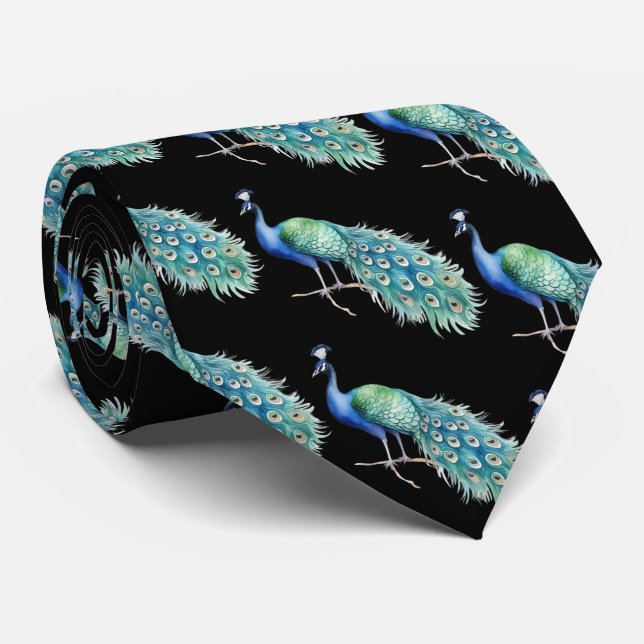 Pfau auf schwarzem Hintergrund Schlips Krawatte (Gerollt)