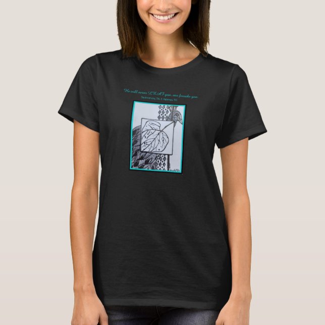 Pfau & Blatt Blk Tinte Türkisrand & Schrift T-Shirt (Vorderseite)