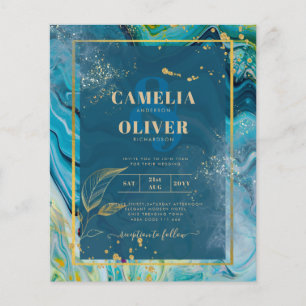 Pfau Blau Gold Tinte Abstrakte Hochzeit Flyer